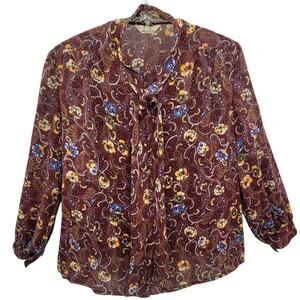 Vintage 70s Paisley High Bow Neck Sheer Long‎ Sleeve Button Up Blouse size large